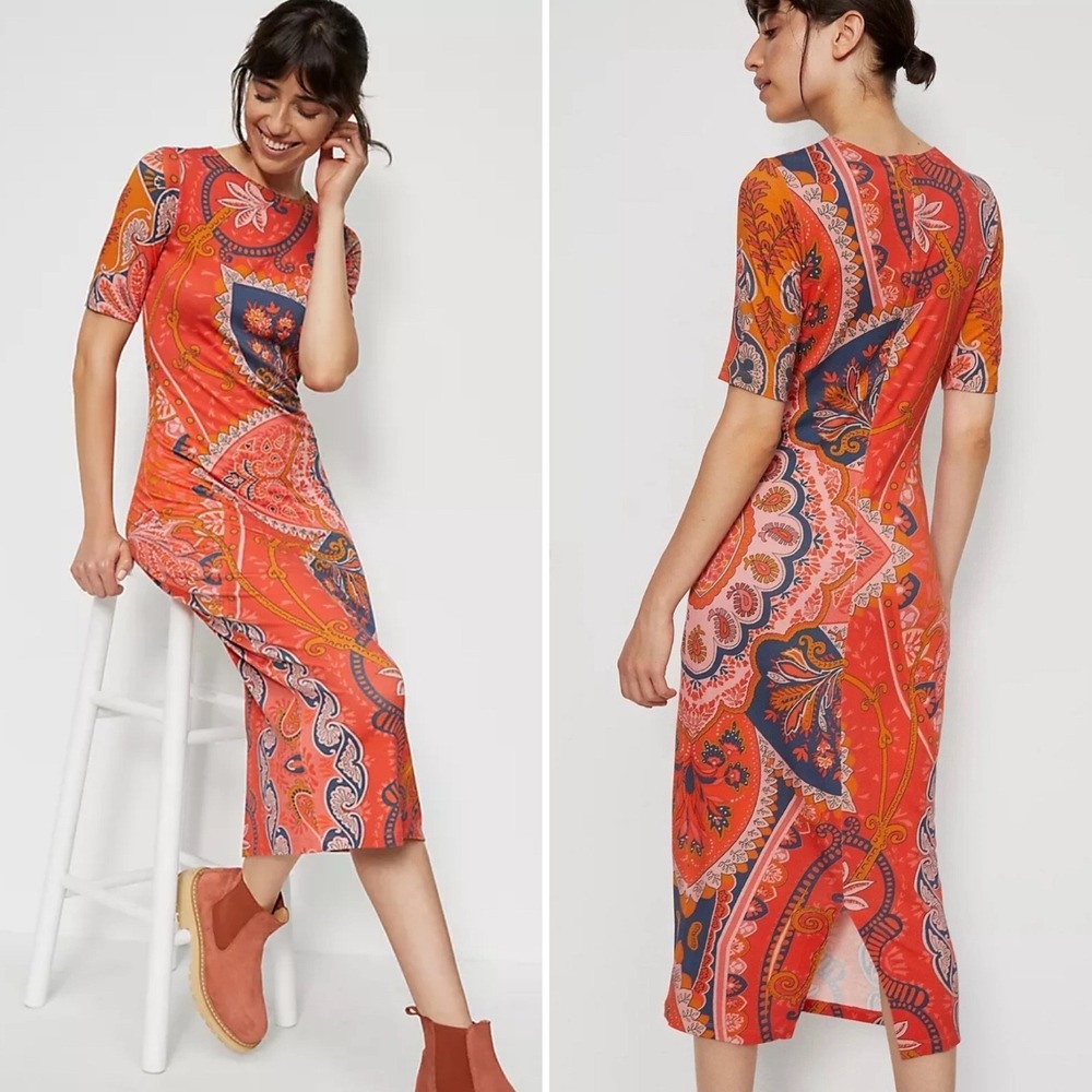 Farm Rio Giannina Knit Midi Dress Orange Navy XS PETITE 0P 2P‎ Bodycon Lined